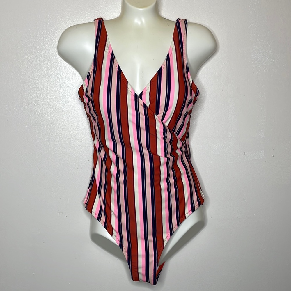 CUPSHE Swimsuit One Piece Striped Surplice Neckline High Cut Thighs Medium
